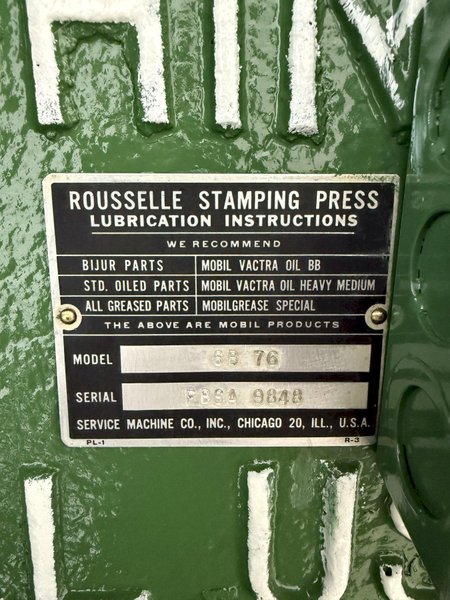 60 TON ROUSSELLE MODEL 6B DOUBLE-CRANK GAP FRAME PRESS. STOCK # 0235625.