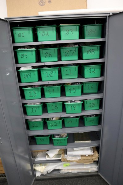Metal 2 Door Heavy Duty Storage Cabinets (3 Units) with Adjustable Shelves and Contents of Plastic Bins and Parts- Auction Item