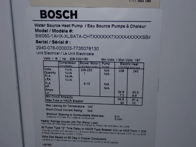 Bosch Water Source Heat Pump - Sm060-1ahx-xlsata-chtx