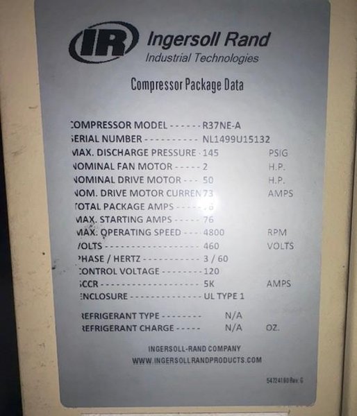 50HP INGERSOLL RAND ROTARY SCREW AIR COMPRESSOR STOCK# 4155