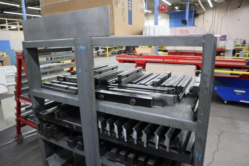 Press Brake Dies and Lower Die Holders Tall and Short for Amada Press Brakes on Welded Steel Shelving- Auction Item
