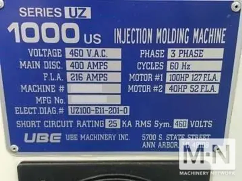 1000 TON 148 OZ UBE MODEL UZ1000 INJECTION MOLDING MACHINE MFG 2013