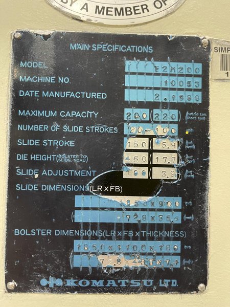 200-ton Komatsu Model E2M200 Straight Side Metal Stamping Press For Sale, Year 1988