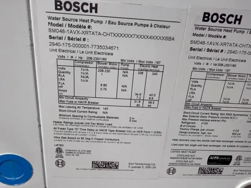 BOSCH WATER SOURCE HEAT PUMP  -  SM-060-1AHX-XRSATA-CHTX