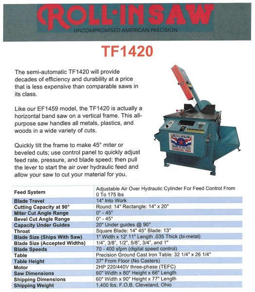 ROLL-IN MODEL TF1420 TILT FRAME VERTICAL BANDSAW w/ 10' ROLLER TABLE, NEW: 2019