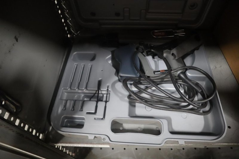 Metal 2 Door Storage Cabinet with Contents of Work Gloves, Box Stapler and Hand Tools- Auction Item