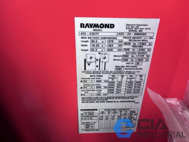 2024 - 3,500 LB. RAYMOND MODEL 425-C35TT STAND-UP ELECTRIC FORKLIFT