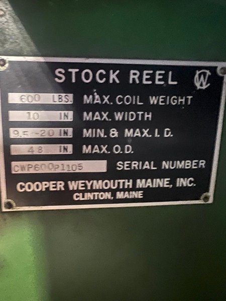 600 lbs x 10" Wide, Cooper Weymouth Peterson Non Motorized Coil Reel Model 600-10