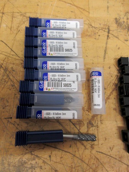 Solid Carbide End Mills **All New In Packages**, (10) Garr 22mm 5FL SQ, (18) Nachi 5/16" 3FL SQ, (7) Redline 3/8" 4FL Ball- Auction Item