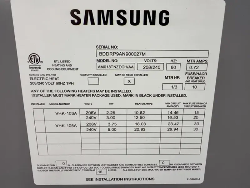 SAMSUNG ELECTRIC HEATER  -  AM018TNZDCH/AA
