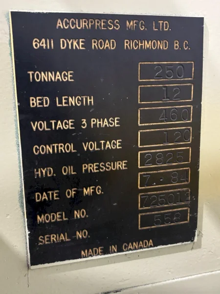 ACCURPRESS 725012 HYDRAULIC PRESS BRAKE