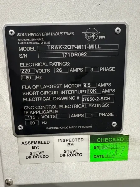 TRAK 2OP CNC Vertical Machining Center 2017’ #7969