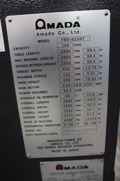 Amada FABIII-1025 CNC Hydraulic Press Brake, 110 Ton x 98.4&quot;, AMNC PC Control, Up-Acting, 6- Axis BG, Light Curtain