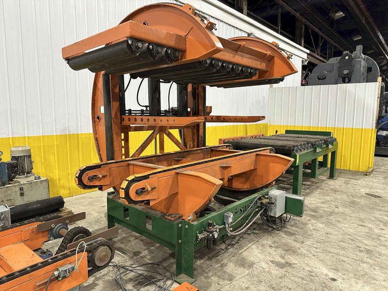 SWEED LOAD CLAMP &amp; TURNER / PACMAN FLIPPER SYSTEM WITH POWERED INFEED &amp; OUTFEED CONVEYORS: STOCK #22075