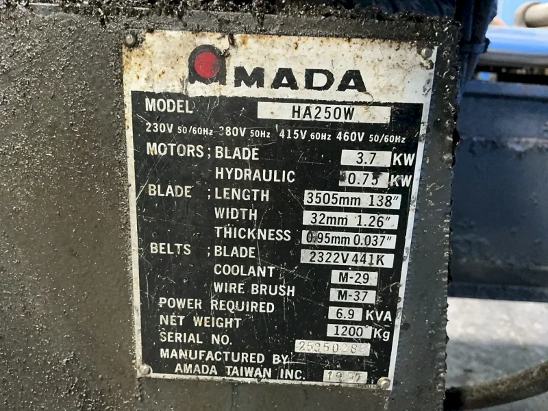 AMADA 10”X15” HORIZONTAL BAND SAW  -  HA250W