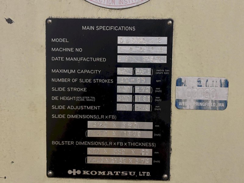 60-TON KOMATSU OBS60–2 GAP-FRAME STAMPING PRESS. STOCK # 0666825