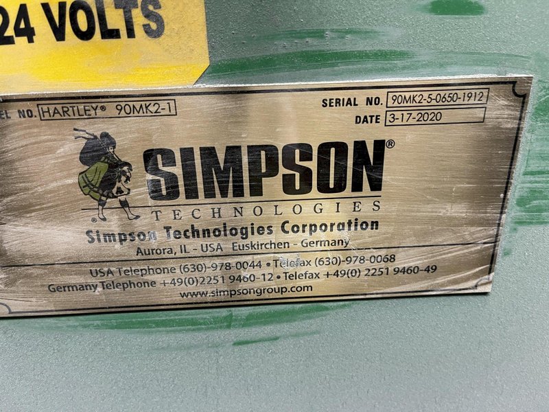 west 1965 B and P model 85b muller with dust hood, batch hopper, cooling system, upgraded to 100b gearbox , 125 hp motor, s/n 85b-101-6506
2020 west Simpson Hartley compactability system with model 2552 test unit, controls model 2552b1 s/n 2552b1-0611-1912, remote readout, bond feed transporter model 90mk2-5, available date 5/1/2025