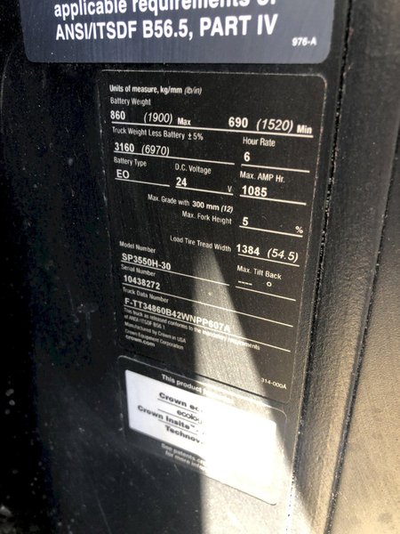 Crown SP3550H-30 Electric Stand-up Stock Picker Forklift 2022 equipped with 3,282 Hours, V-Force Battery and Charger