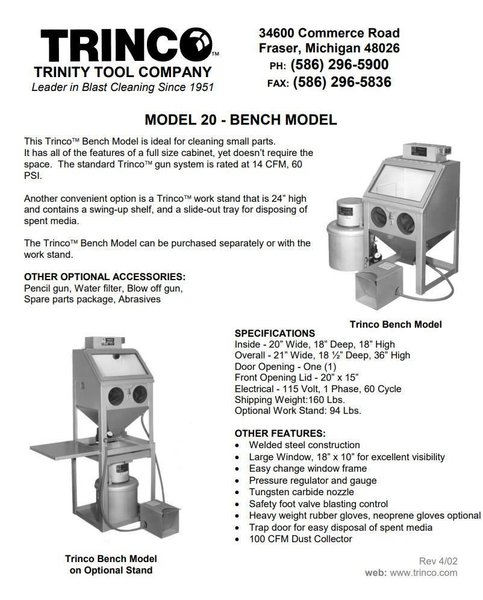 20”W x 18”D x 18”H TRINCO MODEL #20/CDB BENCH BLAST CABINET : YOBRO #23853