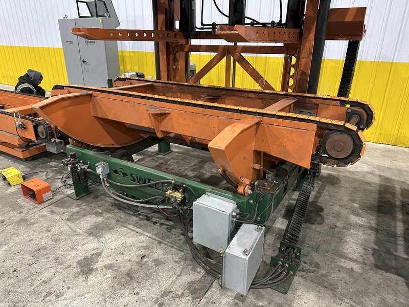 SWEED LOAD CLAMP &amp; TURNER / PACMAN FLIPPER SYSTEM WITH POWERED INFEED &amp; OUTFEED CONVEYORS: STOCK #22075