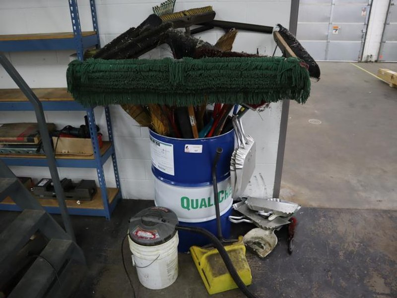 Drum of Cleaning Tools, Brooms, Squeegees, Dust Pans, Bucket Vac- Auction Item