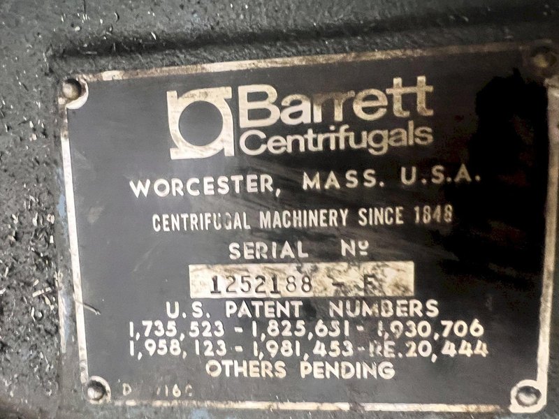 2 HP BARRETT MODEL #125 CLARIFUGE 3600 RPM CHIP SPINNGER WRINGER CENTRIFUGE: STOCK #23459