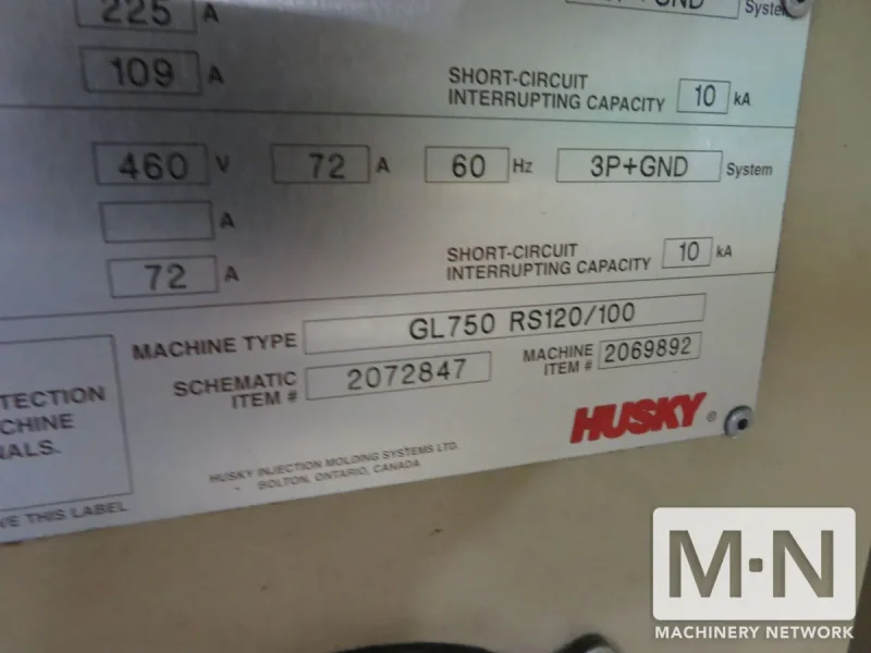 825 TON 132 OZ  HUSKY MODEL GL750GENRS120/100 INJECTION MOLDING MACHINE  MFG 1999