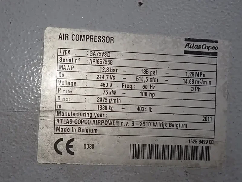 ATLAS COPCO 100 HP AIR COMPRESSOR  -  GA75VSDFF