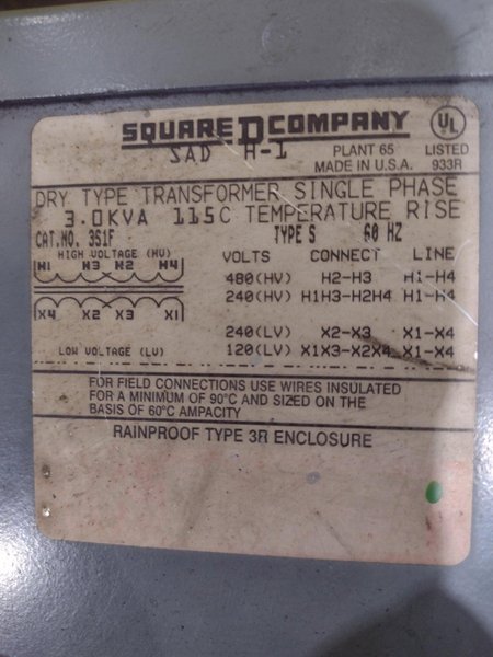 3 KVA SQUARE D SINGLE PHASE TRANSFORMER: STOCK #19460