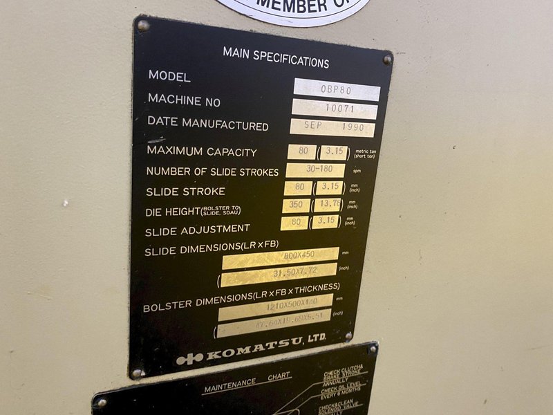 80 TON KOMATSU MODEL #OBP80 OBS GAP FRAME STAMPING PRESS, 3" STROKE: STOCK #18758