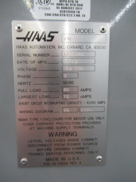 Haas VM-2 CNC Vertical Machining Center w 4th Axis Drive, Chip Auger, Coolant System, Rigid Tapping