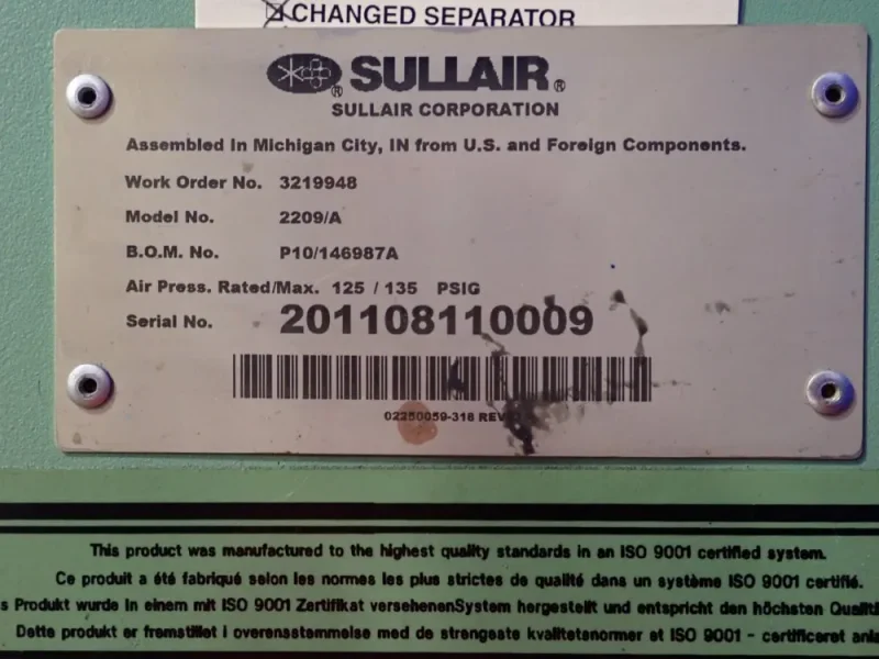 SULLAIR AIR COMPRESSOR  -  2209/A