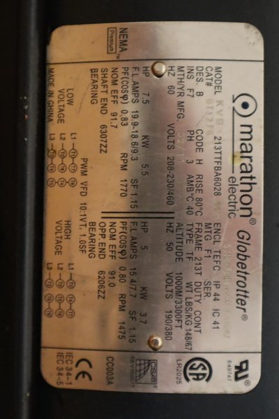 Marathon Electric Globetrotter 7.5HP 1770RPM 3PH MOTOR GT1216 Mounted on Aluminum Plate- Auction Item