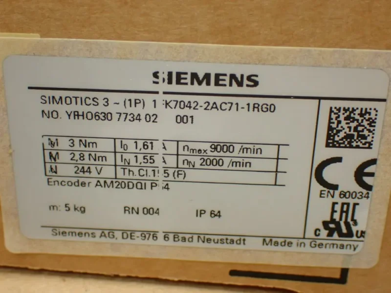 SIEMENS 9000RPM SERVO MOTOR  -  1FK7042-2AC71-1RG0