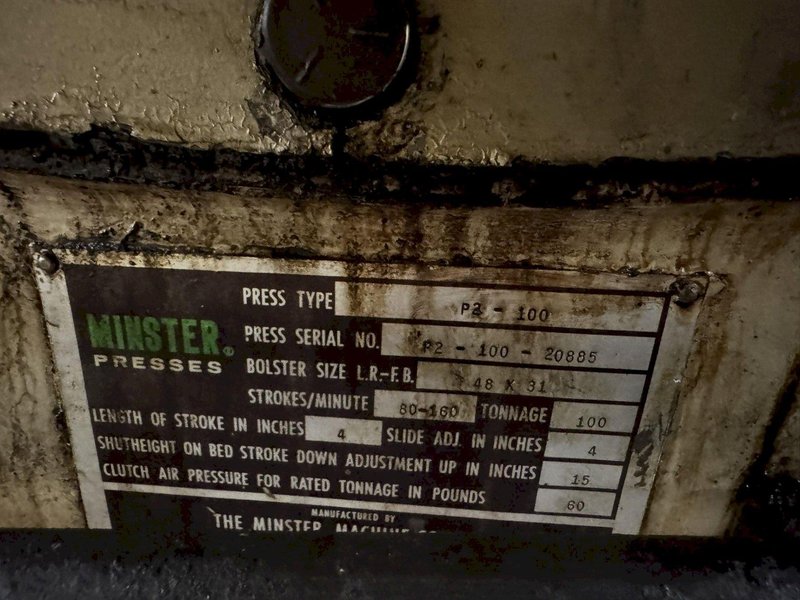 100 TON MINSTER P2-100-48 PIECE MAKER STRAIGHT SIDE HIGH SPEED PRESS. STOCK # 0883425
