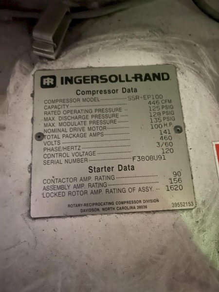 Ingersoll rand model ssr-ep100-2s 100 hp Screw type  air compressor s/nF3808U91  air cooled