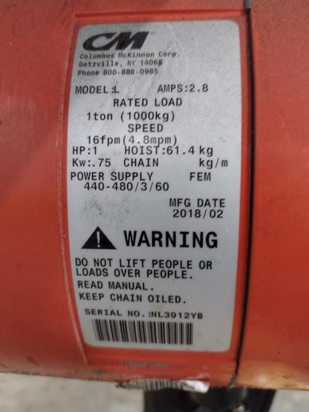 1 TON X 12&#039; X 7&#039; GORBEL FREE STANDING JIB CRANE W/ 1 TON CM LODESTAR ELECTRIC CHAIN HOIST: STOCK #23675