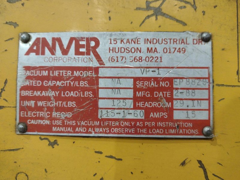 2,000 LBS ANVER LIFT MODEL #VP-1 VACUUM SHEET LIFTER: STOCK #23687