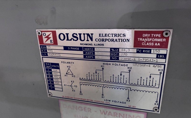 25 KVA OLSUN CLASS AA DRY TYPE TRANSFORMER: YOBRO #24592