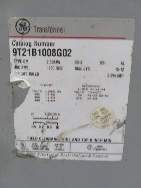 GE Transformer, 7.5 KVA, QM, 480V Input, 240V/120V Output