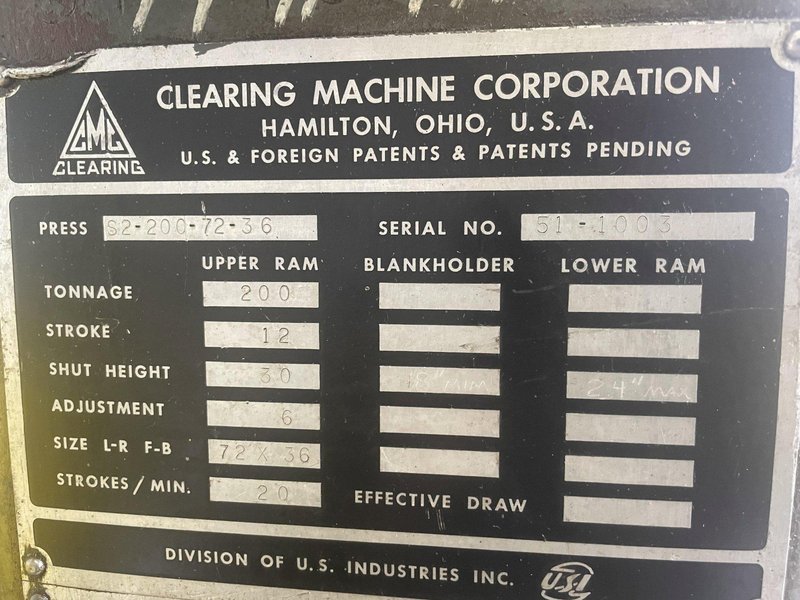200 TON CLEARING MODEL S2-200-72-36 STRAIGHT SIDE SSDC STAMPING PRESS, 12" STROKE: STOCK #12979