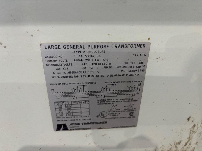 30 KVA ACME ELECTRICAL 3 PHASE TRANSFORMER 480D &lt;-&gt; 240/120 HIGH LEG D VOLTS: YOBRO #24369