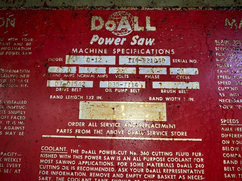 12" x 12" Doall Model C-12 Horizontal Band Saw, S/N 114-621040.