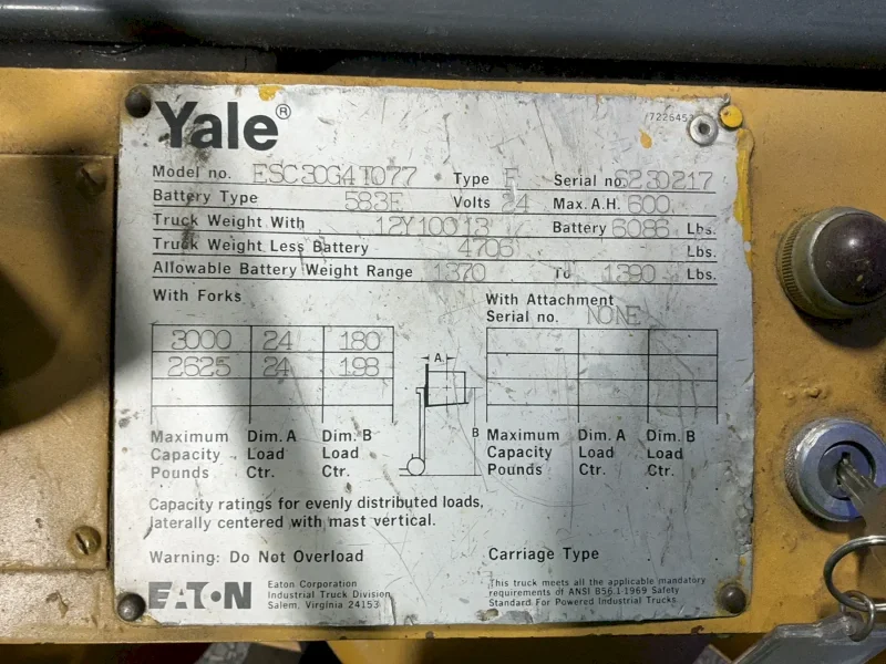 YALE 3000 LBS ELECTRIC STAND UP FORKLIFT  -  ESC30G4T077
