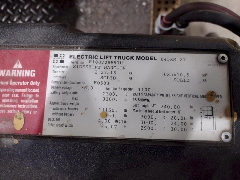 3,000 LB HYSTER MODEL #E45XM-27 ELECTRIC LIFT TRUCK FORKLIFT: STOCK #20642