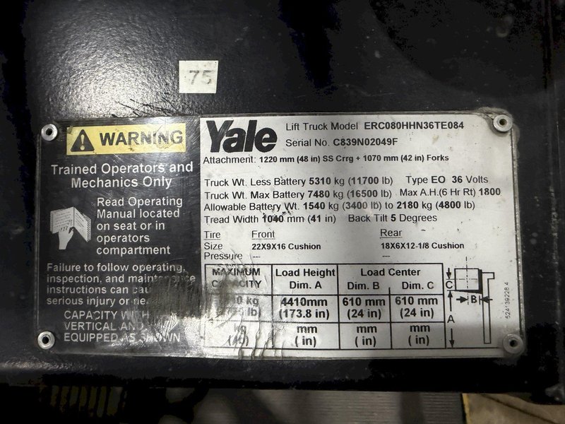 8,000 LB 2008 YALE MODEL #ERC080HHN36RE084 ELECTRIC FORKLIFT: YOBRO #25686