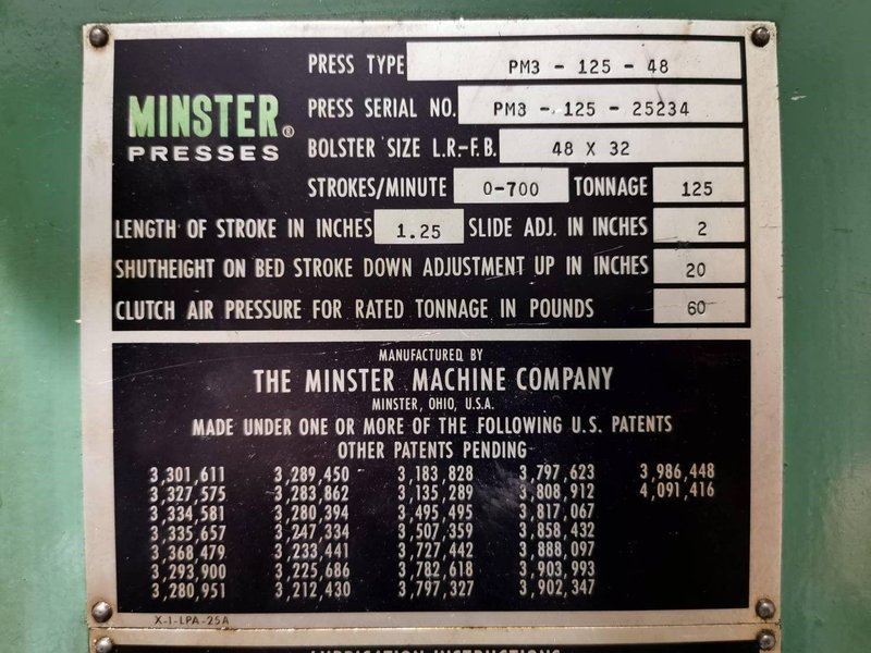 MINSTER PM3-125-48 Straight Side Precision Press