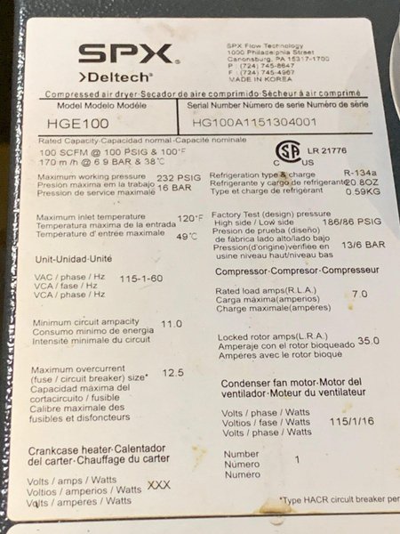 Del Tech Model HGE 100 Air Dryer