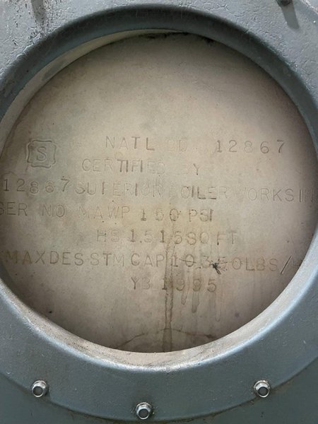 300 Hp. Superior High Pressure Steam Boiler, 150 psi, 1995 – 12.6 MBH Gordon Piatt Burner, Blowdown Separator