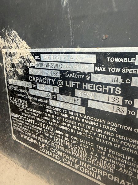 10,000 LB. WIGGINS WD 100 AT-96 DIESEL FORKLIFT. STOCK #0434326